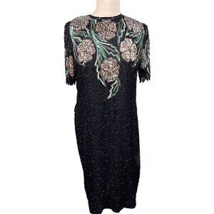 VTG Scala Black Beaded Silk Dress M Floral Sequin Short Sleeve Cocktail Dress